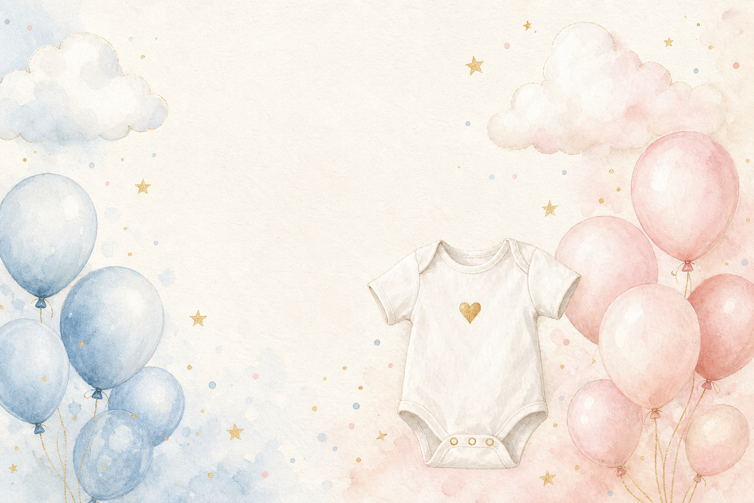 Globos rosa y azul, nubes y un pequeño body de bebé pintados en acuarela